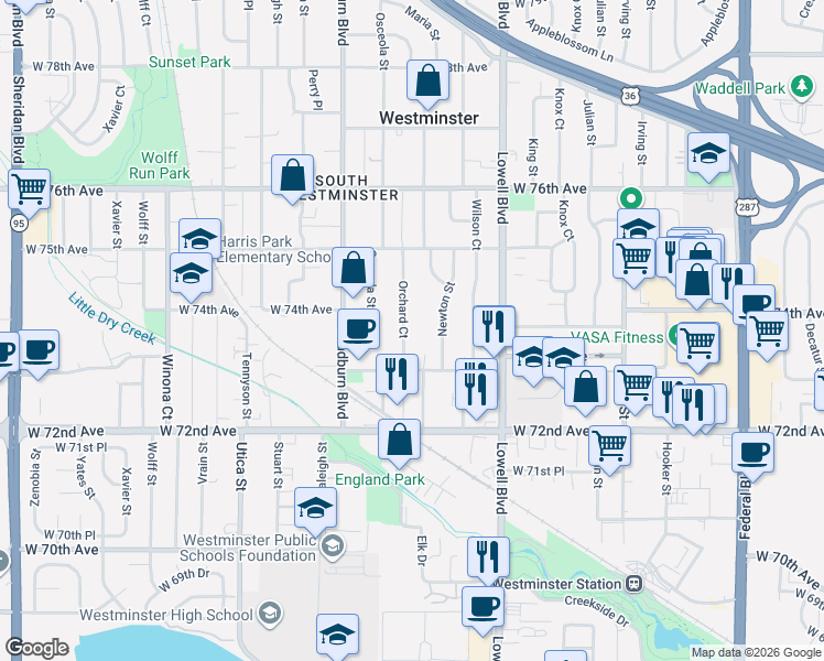 map of restaurants, bars, coffee shops, grocery stores, and more near 7401 Newton Street in Westminster