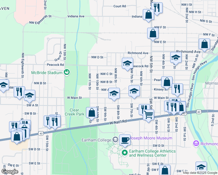 map of restaurants, bars, coffee shops, grocery stores, and more near 200 Northwest 8th Street in Richmond