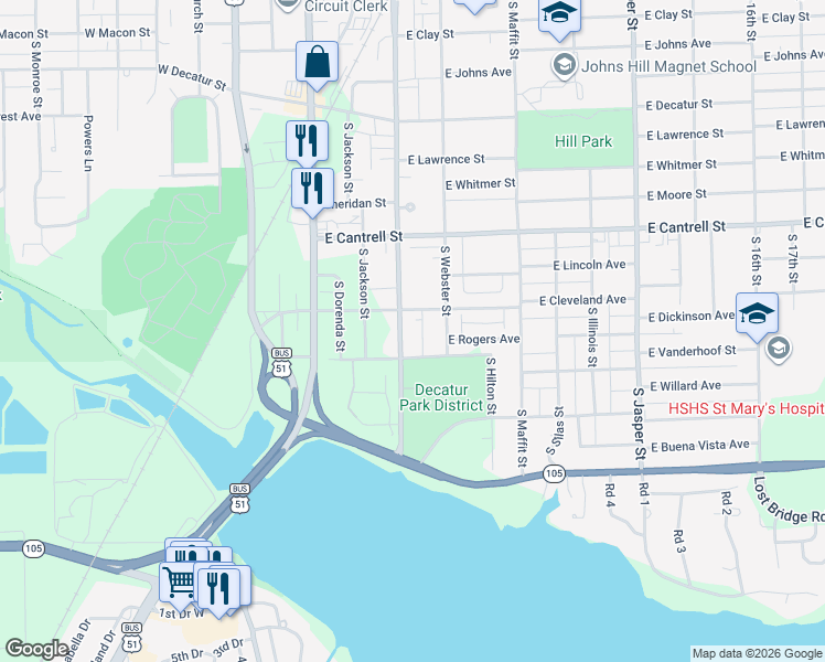 map of restaurants, bars, coffee shops, grocery stores, and more near 600-698 East Cleveland Avenue in Decatur