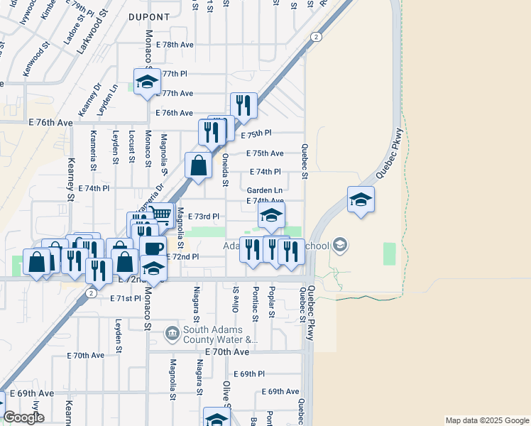 map of restaurants, bars, coffee shops, grocery stores, and more near 7120 Garden Lane in Commerce City