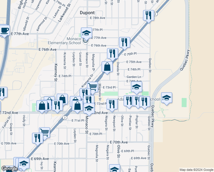 map of restaurants, bars, coffee shops, grocery stores, and more near 6600 East 74th Avenue in Commerce City