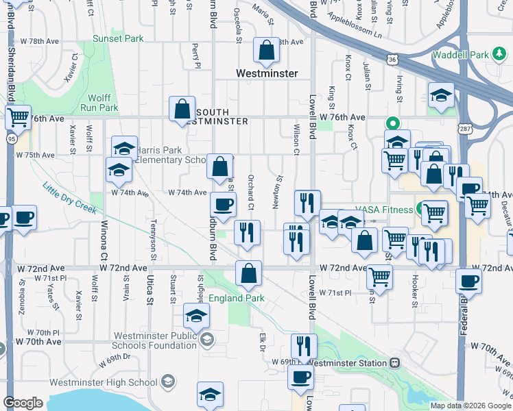 map of restaurants, bars, coffee shops, grocery stores, and more near 7401 Newton Street in Westminster