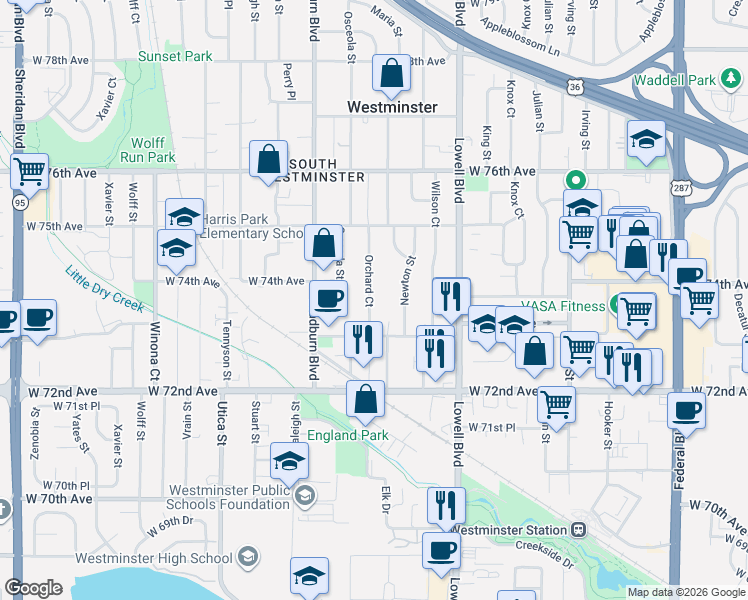map of restaurants, bars, coffee shops, grocery stores, and more near 7401 Newton Street in Westminster