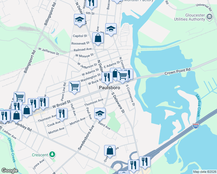 map of restaurants, bars, coffee shops, grocery stores, and more near 1 West Broad Street in Paulsboro