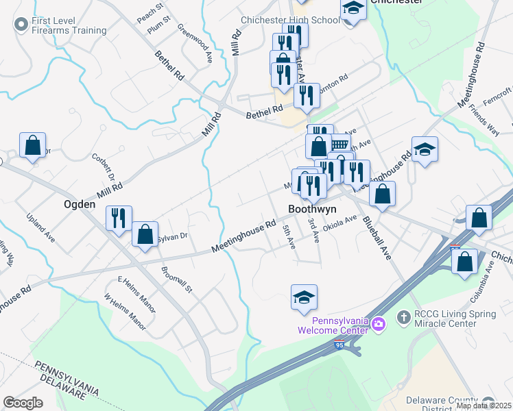 map of restaurants, bars, coffee shops, grocery stores, and more near 1826 McCay Avenue in Boothwyn