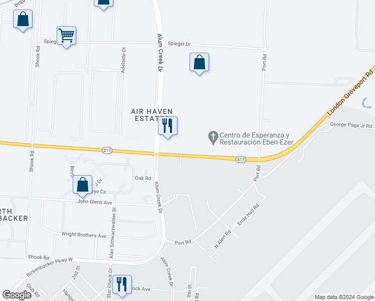 map of restaurants, bars, coffee shops, grocery stores, and more near 2633 Air Haven Drive in Groveport