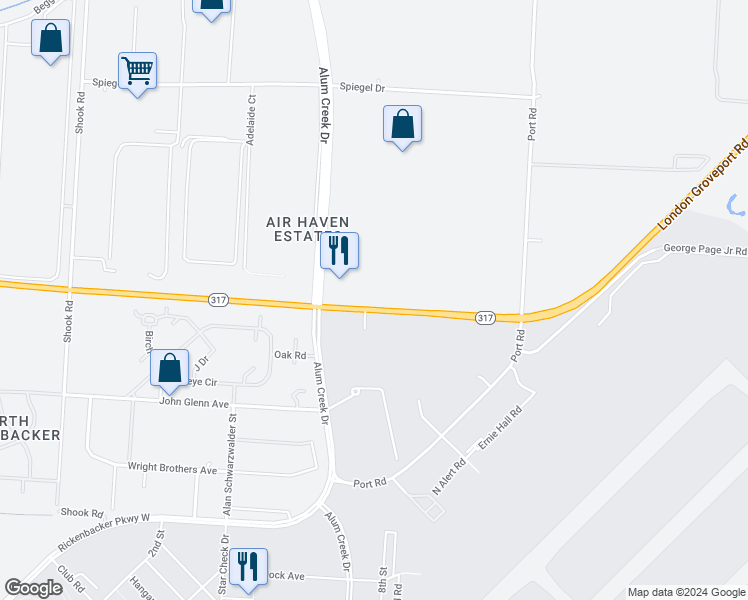 map of restaurants, bars, coffee shops, grocery stores, and more near 2633 Air Haven Drive in Groveport