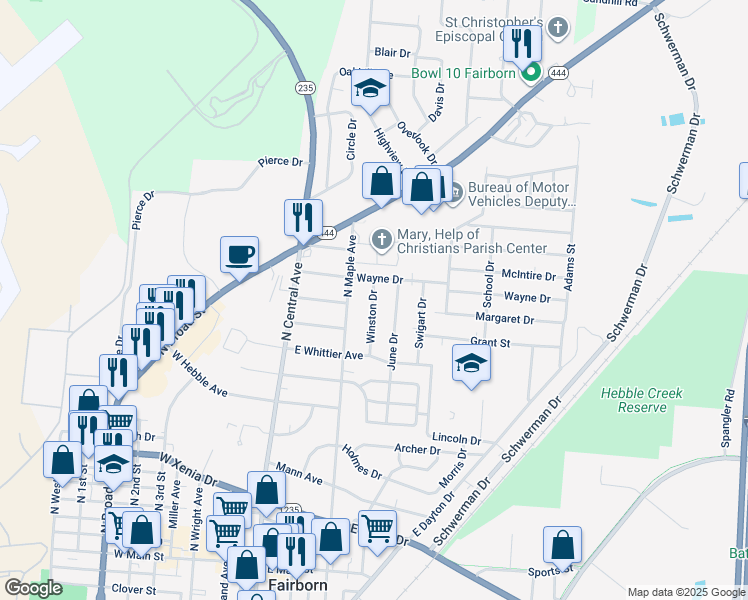 map of restaurants, bars, coffee shops, grocery stores, and more near 216 Wayne Drive in Fairborn
