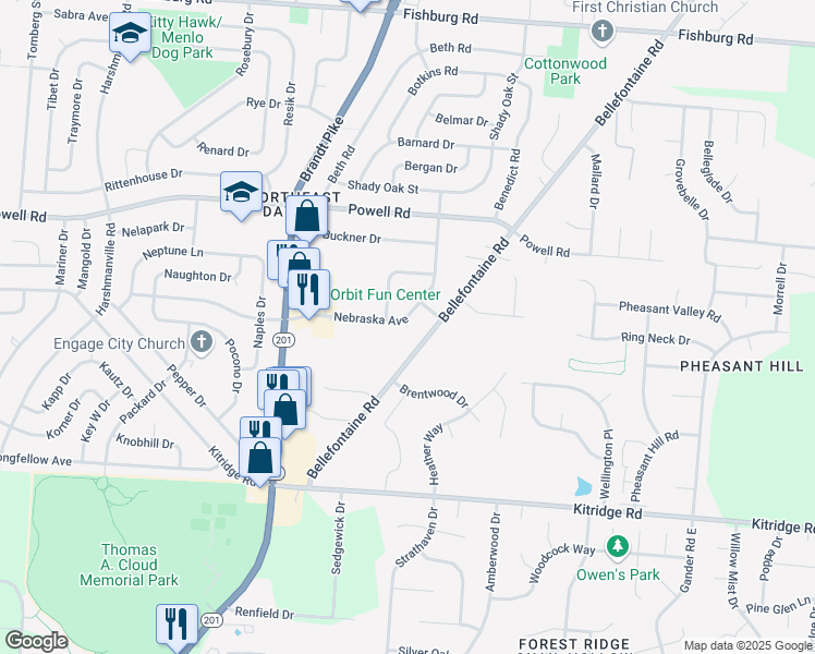 map of restaurants, bars, coffee shops, grocery stores, and more near 5149 Nebraska Avenue in Dayton
