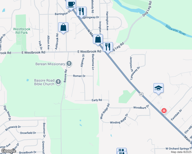 map of restaurants, bars, coffee shops, grocery stores, and more near 5804 Barbanna Lane in Dayton