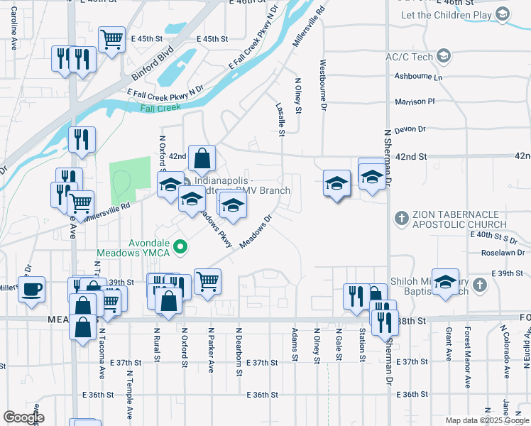 map of restaurants, bars, coffee shops, grocery stores, and more near 4126 Edgemere Court in Indianapolis
