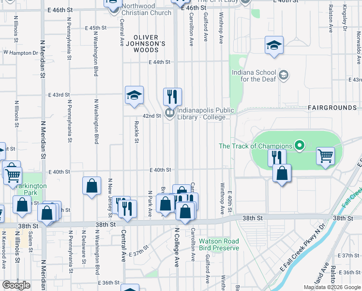 map of restaurants, bars, coffee shops, grocery stores, and more near 4123 North College Avenue in Indianapolis