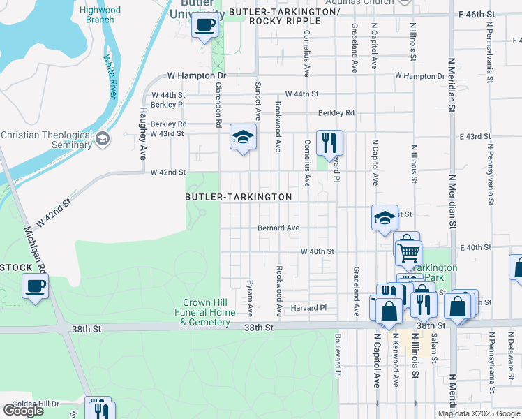 map of restaurants, bars, coffee shops, grocery stores, and more near 4115 Byram Avenue in Indianapolis