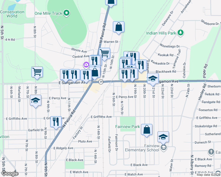 map of restaurants, bars, coffee shops, grocery stores, and more near 1530 East Sangamon Avenue in Springfield