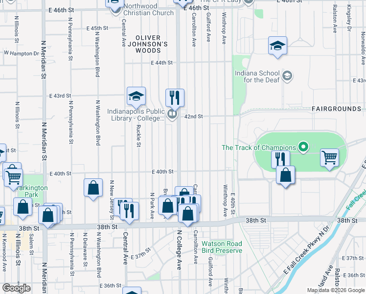 map of restaurants, bars, coffee shops, grocery stores, and more near 4123 North College Avenue in Indianapolis