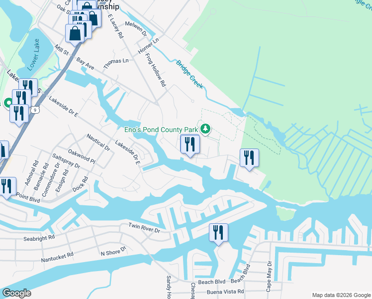 map of restaurants, bars, coffee shops, grocery stores, and more near 15 Davenport Landing in Lacey Township