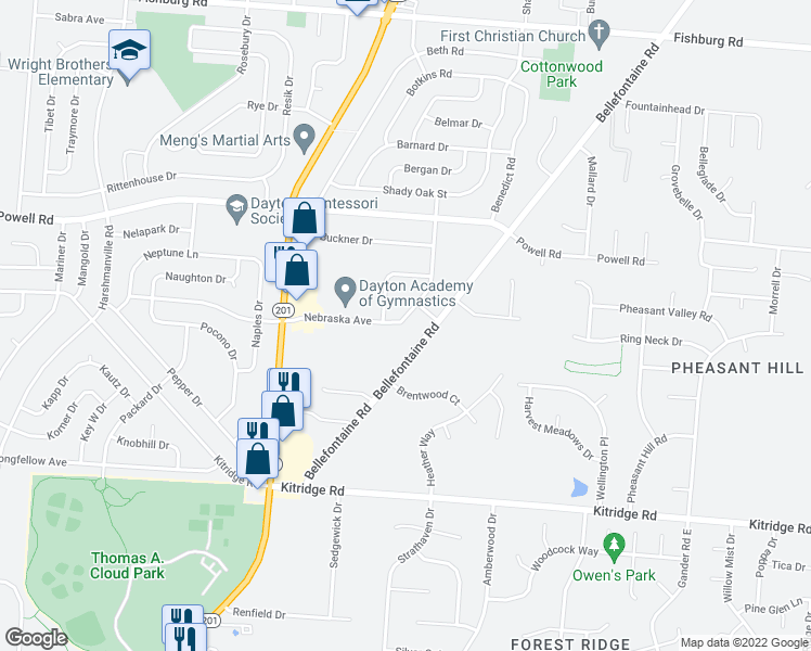map of restaurants, bars, coffee shops, grocery stores, and more near 5124 Nebraska Avenue in Dayton