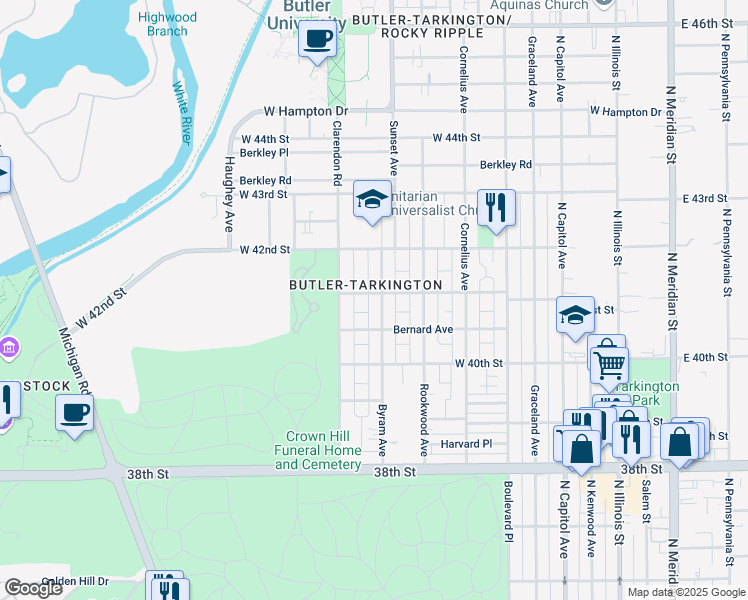 map of restaurants, bars, coffee shops, grocery stores, and more near 4115 Byram Avenue in Indianapolis