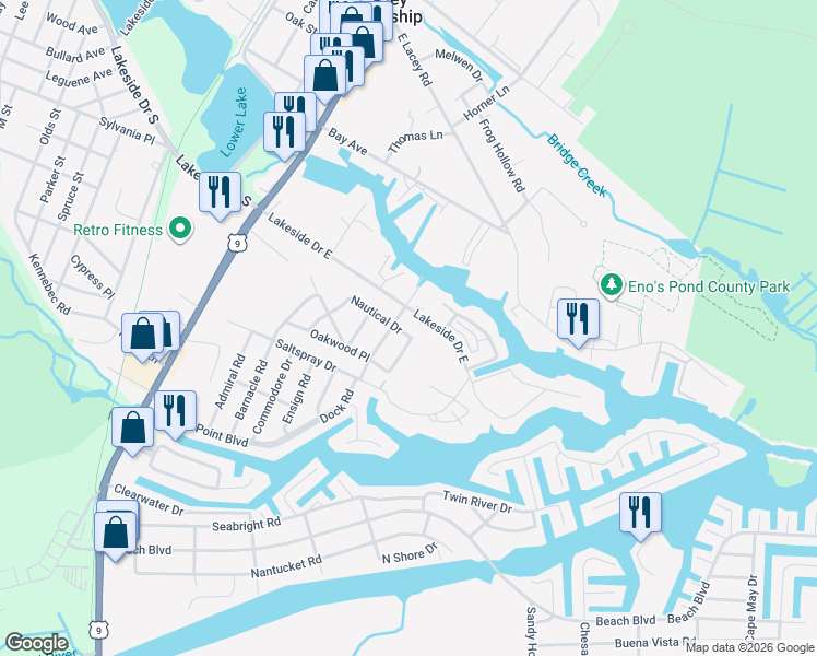 map of restaurants, bars, coffee shops, grocery stores, and more near 136 Nautical Drive in Lacey Township