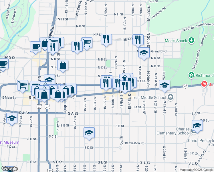map of restaurants, bars, coffee shops, grocery stores, and more near 112 North 15th Street in Richmond