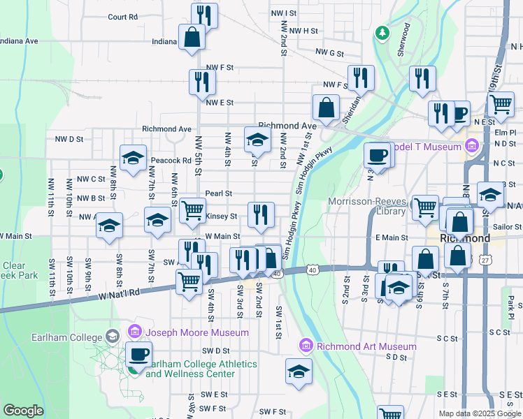 map of restaurants, bars, coffee shops, grocery stores, and more near 123 Northwest 3rd Street in Richmond