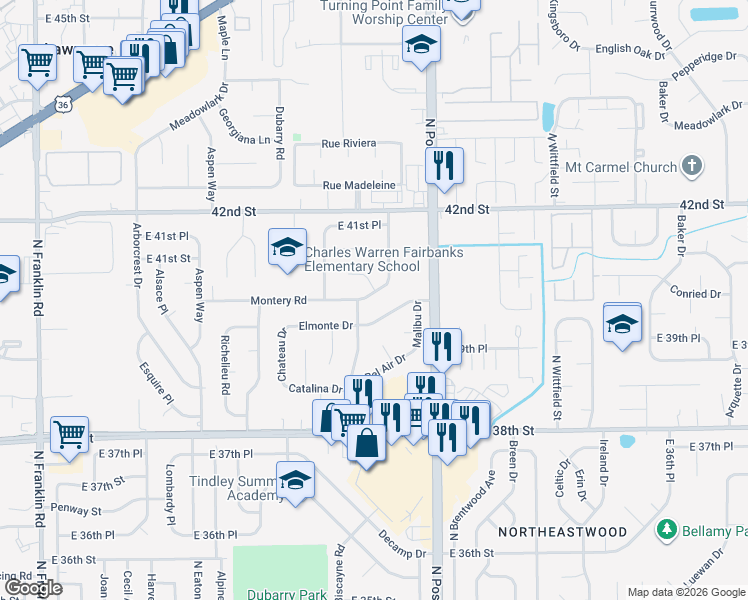 map of restaurants, bars, coffee shops, grocery stores, and more near 8809 Montery Court in Indianapolis