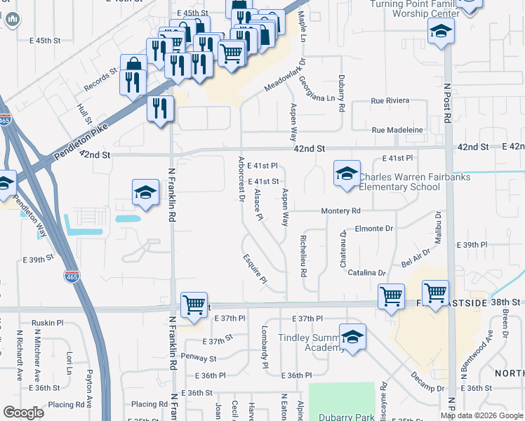 map of restaurants, bars, coffee shops, grocery stores, and more near 4054 Alsace Place in Indianapolis