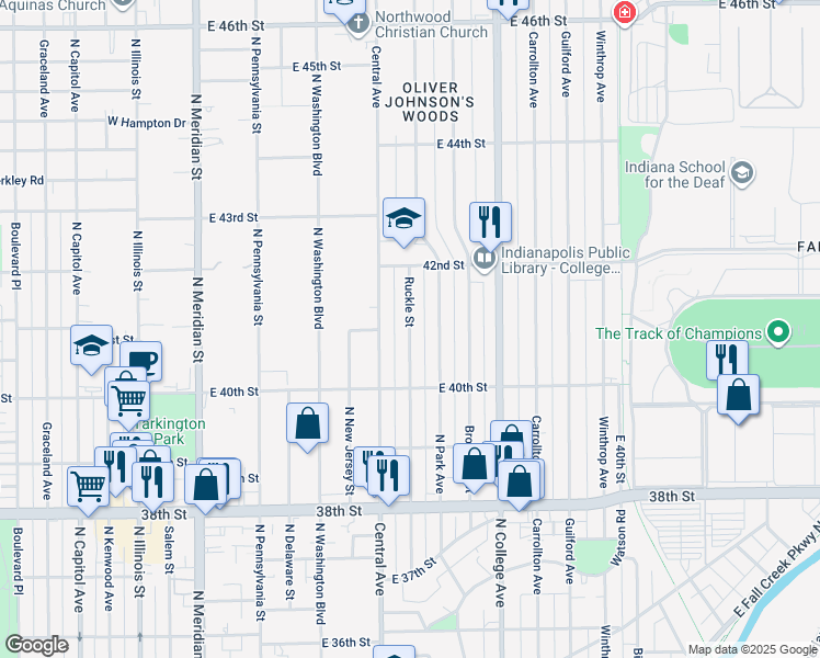 map of restaurants, bars, coffee shops, grocery stores, and more near 4120 North Park Avenue in Indianapolis