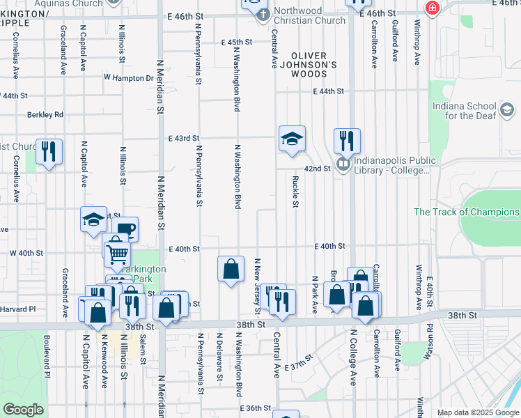map of restaurants, bars, coffee shops, grocery stores, and more near 4154 Central Avenue in Indianapolis