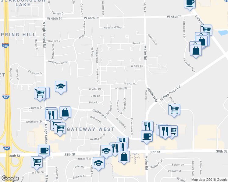 map of restaurants, bars, coffee shops, grocery stores, and more near 5714 West 41st Place in Indianapolis