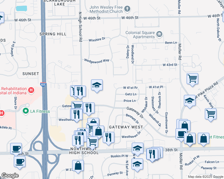 map of restaurants, bars, coffee shops, grocery stores, and more near 4150 North Vinewood Avenue in Indianapolis