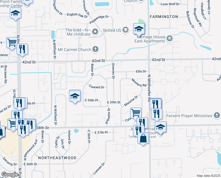 map of restaurants, bars, coffee shops, grocery stores, and more near 4014 Downes Drive in Indianapolis