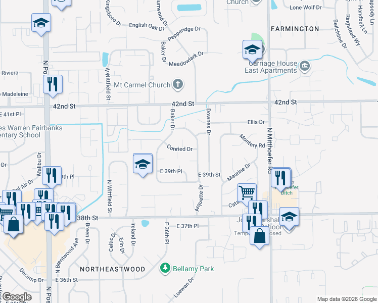 map of restaurants, bars, coffee shops, grocery stores, and more near 9706 Conried Drive in Indianapolis