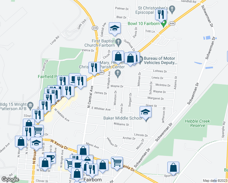 map of restaurants, bars, coffee shops, grocery stores, and more near 807 Winston Drive in Fairborn