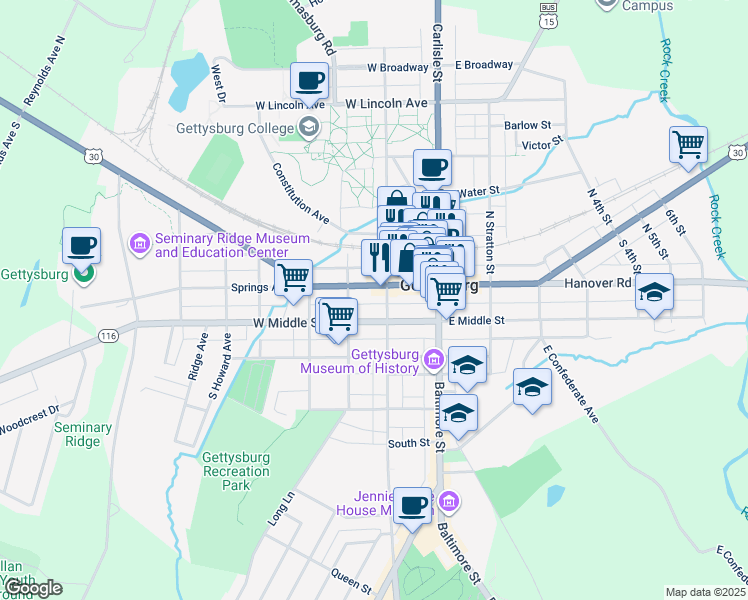 map of restaurants, bars, coffee shops, grocery stores, and more near 116 Chambersburg Street in Gettysburg