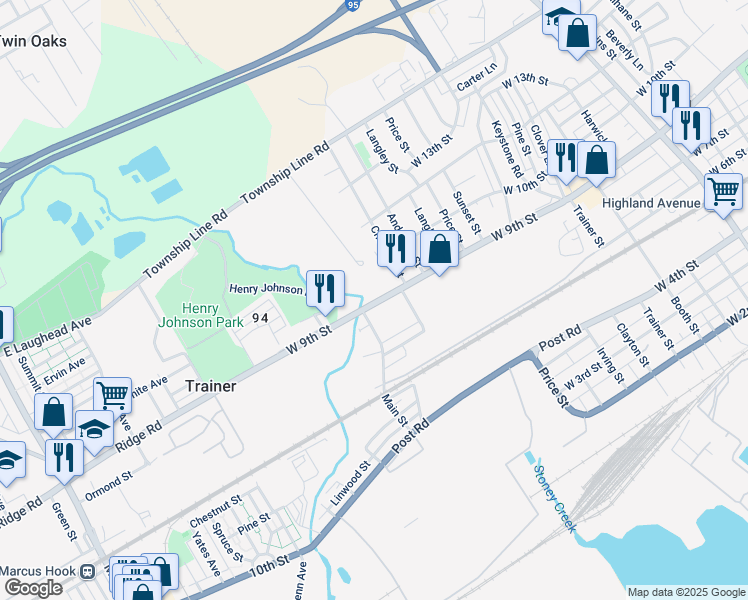 map of restaurants, bars, coffee shops, grocery stores, and more near 4300 West 9th Street in Trainer