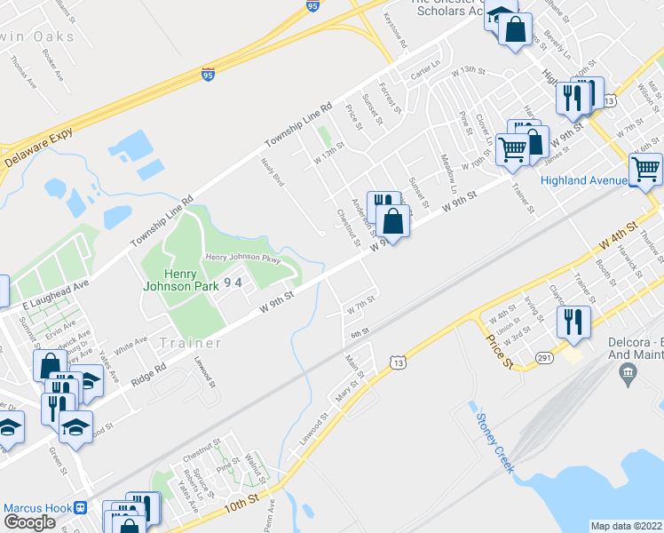 map of restaurants, bars, coffee shops, grocery stores, and more near 4300 West 9th Street in Marcus Hook