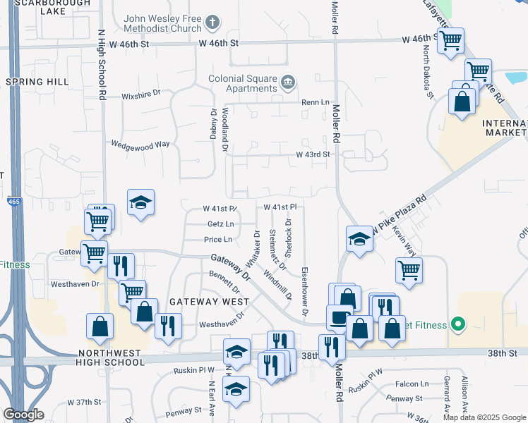 map of restaurants, bars, coffee shops, grocery stores, and more near 5714 West 41st Place in Indianapolis