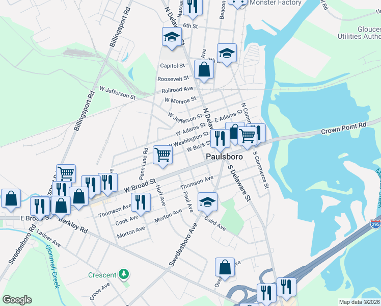 map of restaurants, bars, coffee shops, grocery stores, and more near 107-109 East Buck Street in Paulsboro