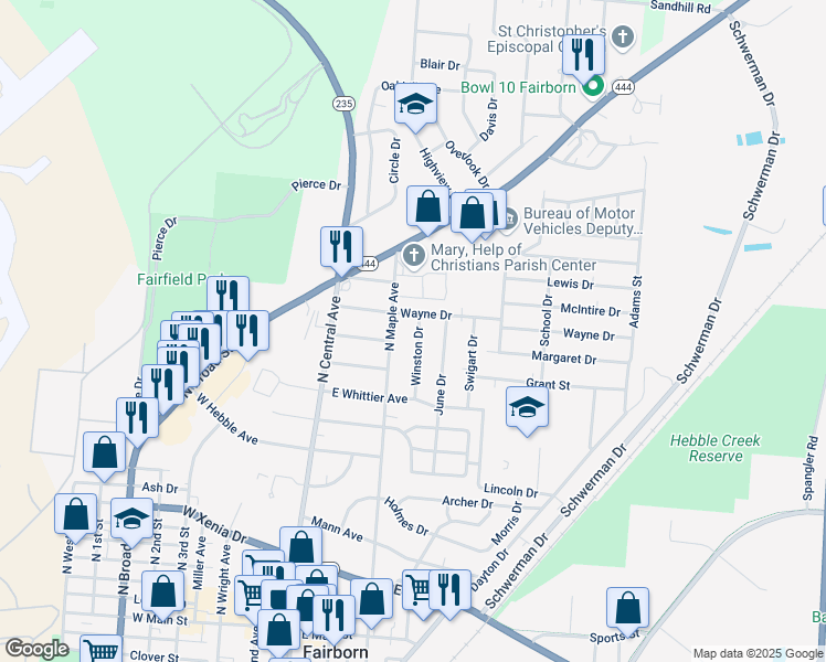 map of restaurants, bars, coffee shops, grocery stores, and more near 809 Winston Drive in Fairborn