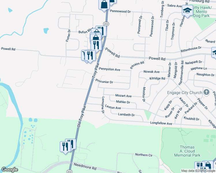 map of restaurants, bars, coffee shops, grocery stores, and more near 5205 Pitcairn Road in Dayton