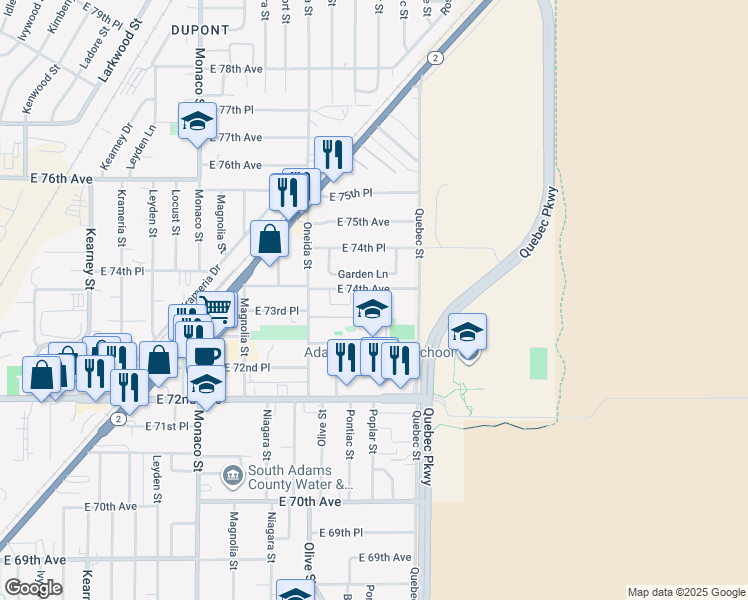 map of restaurants, bars, coffee shops, grocery stores, and more near 7120 Garden Lane in Commerce City