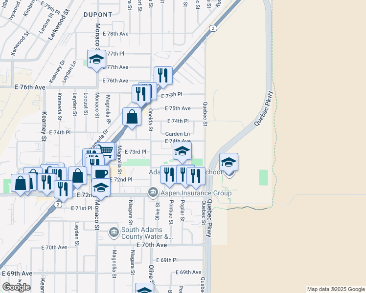 map of restaurants, bars, coffee shops, grocery stores, and more near 7120 Garden Lane in Commerce City