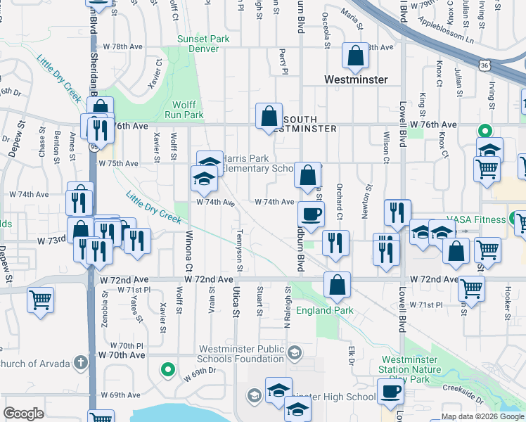 map of restaurants, bars, coffee shops, grocery stores, and more near 7400 Raleigh Street in Westminster