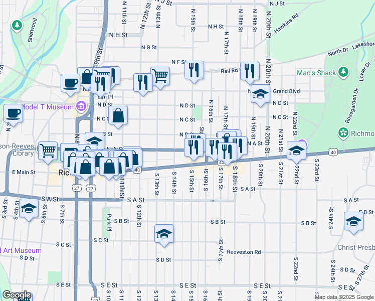 map of restaurants, bars, coffee shops, grocery stores, and more near 112 North 15th Street in Richmond