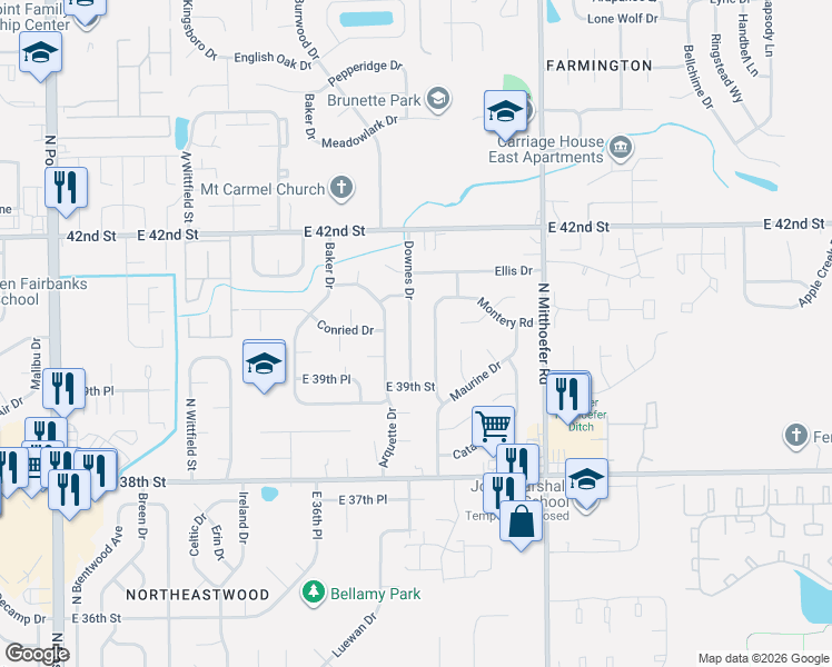 map of restaurants, bars, coffee shops, grocery stores, and more near 4014 Downes Drive in Indianapolis