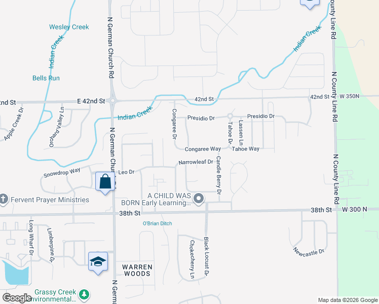 map of restaurants, bars, coffee shops, grocery stores, and more near 11343 Congaree Way in Indianapolis