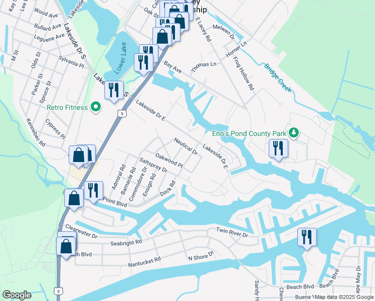 map of restaurants, bars, coffee shops, grocery stores, and more near Nautical Drive in Lacey Township