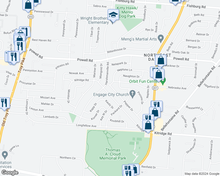 map of restaurants, bars, coffee shops, grocery stores, and more near 5275 Pepper Drive in Dayton