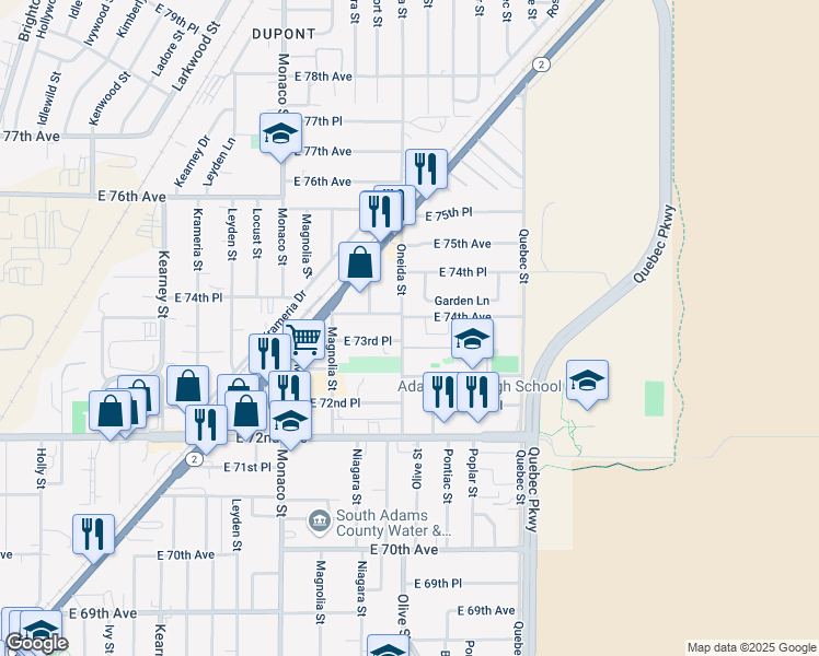 map of restaurants, bars, coffee shops, grocery stores, and more near 7000 Garden Lane in Commerce City